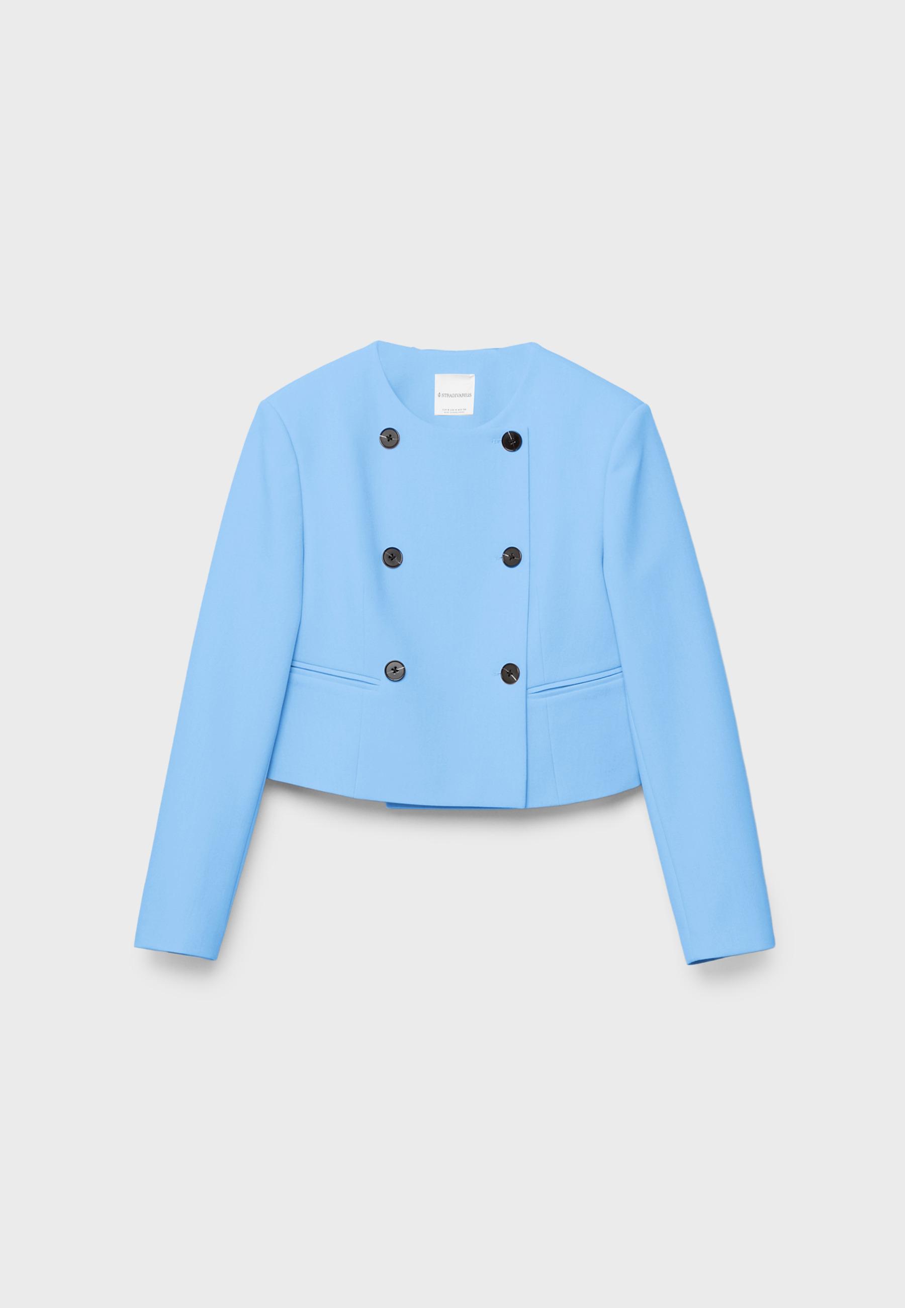 Cropped round neck blazer — Sky blue
