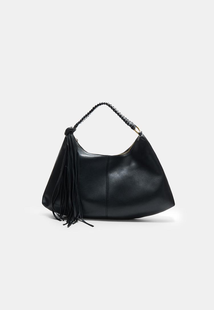 Stradivarius Geantă Cu Franjuri Și Mâner Împletit Negru Os