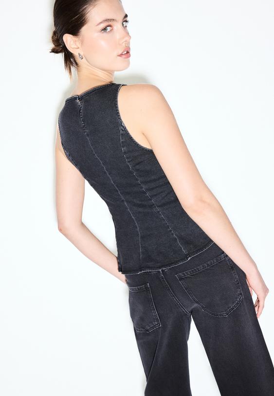 Stradivarius Denim Peplum Top With Rhinestones Black S