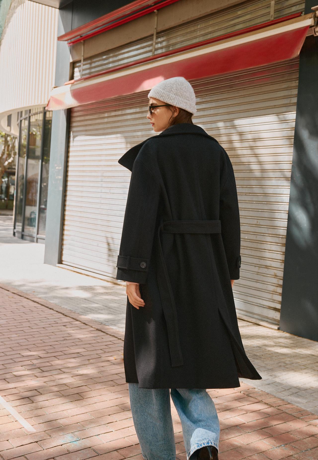 Soft-touch high neck long coat — Black