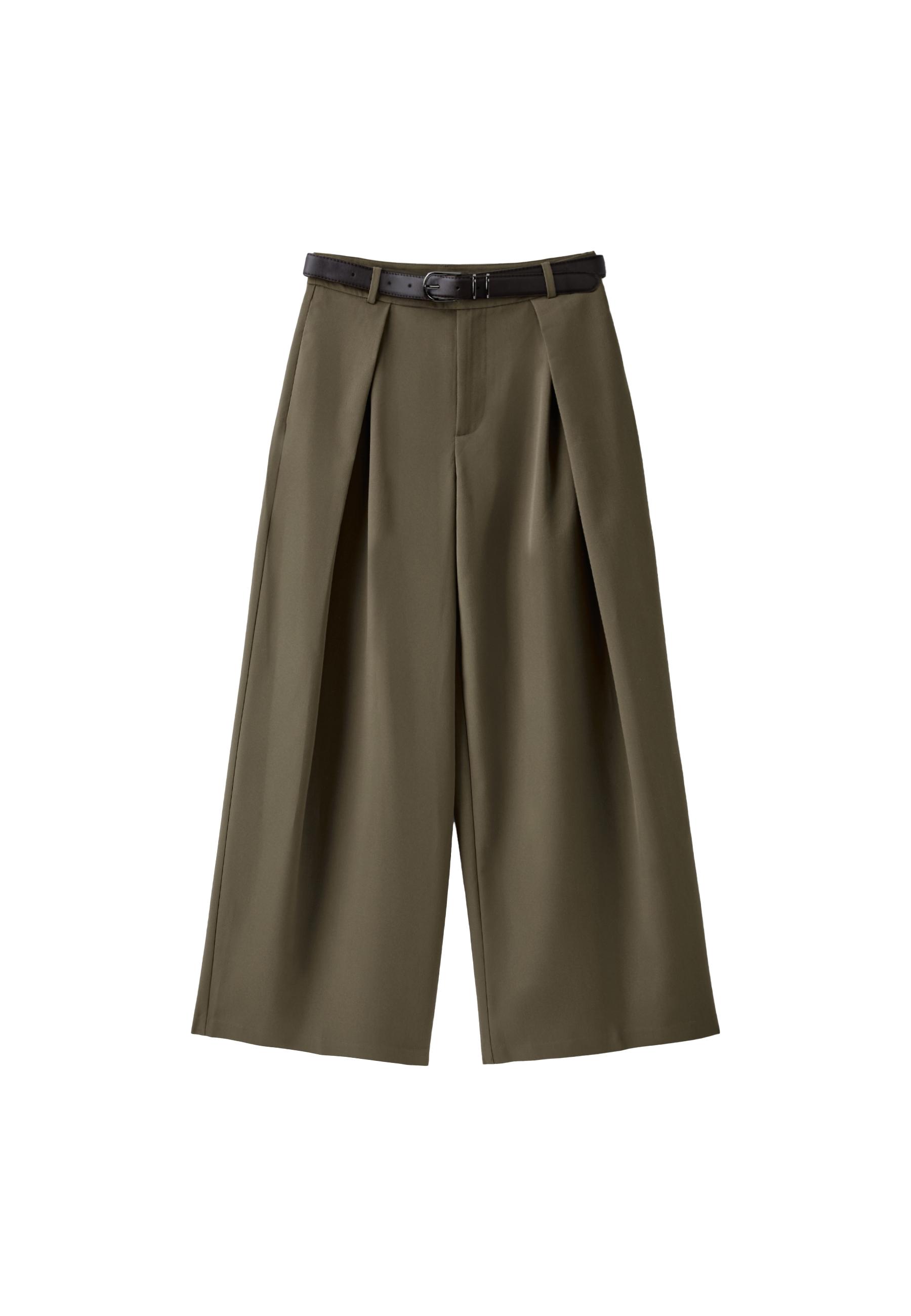 Wide-leg darted trousers with belt — Khaki