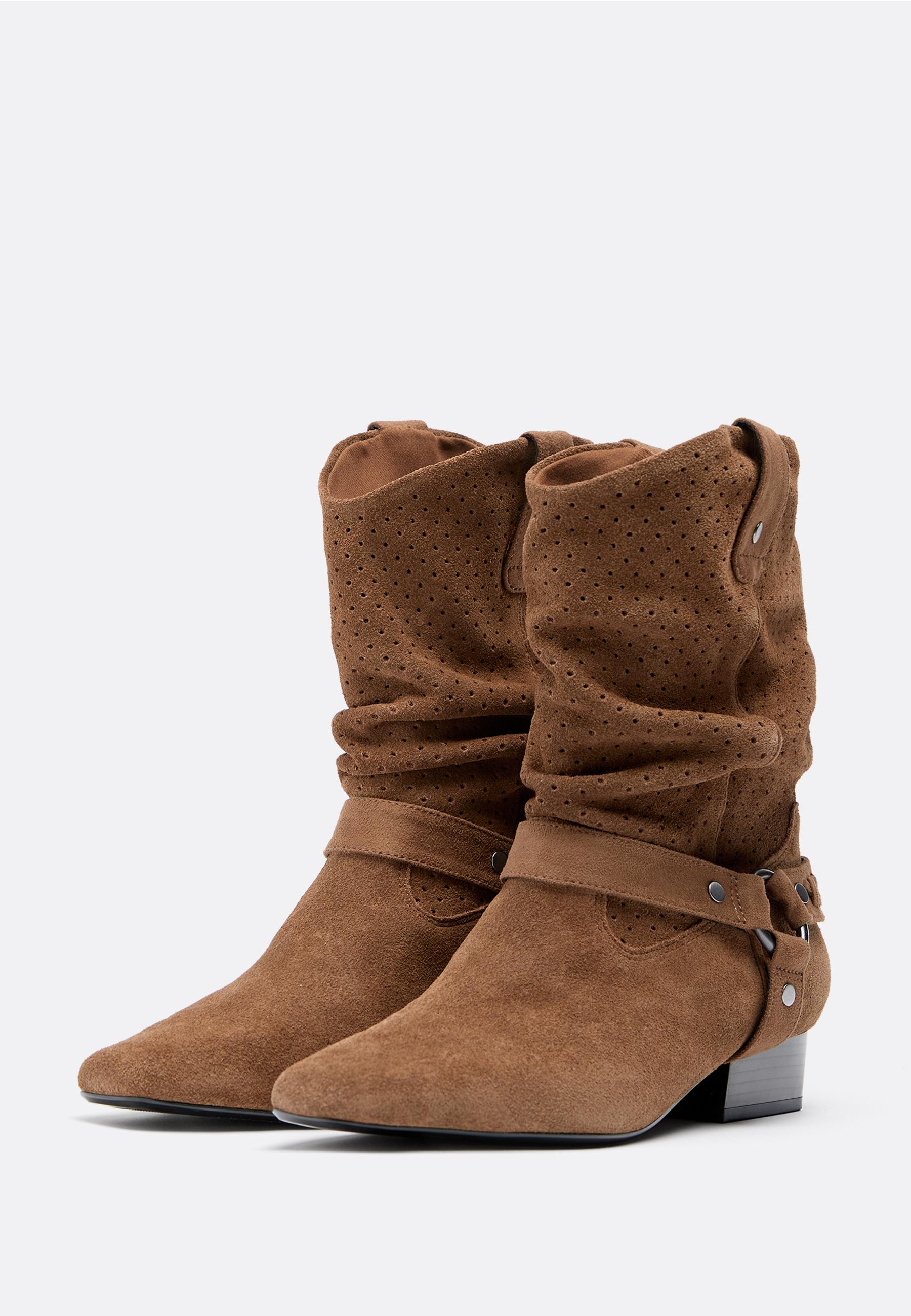 Slouchy openwork leather cowboy ankle boots — BROWN