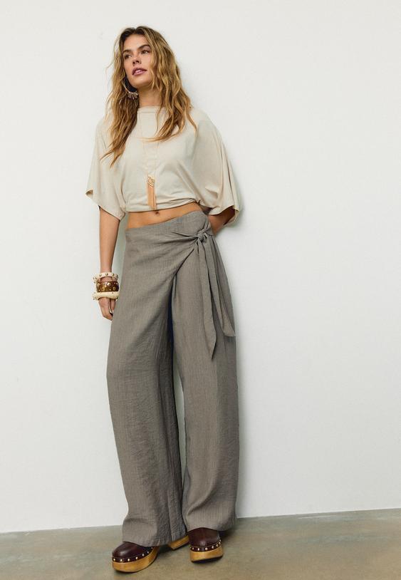 Stradivarius Pantalon Fluide Sarong Kaki Xs