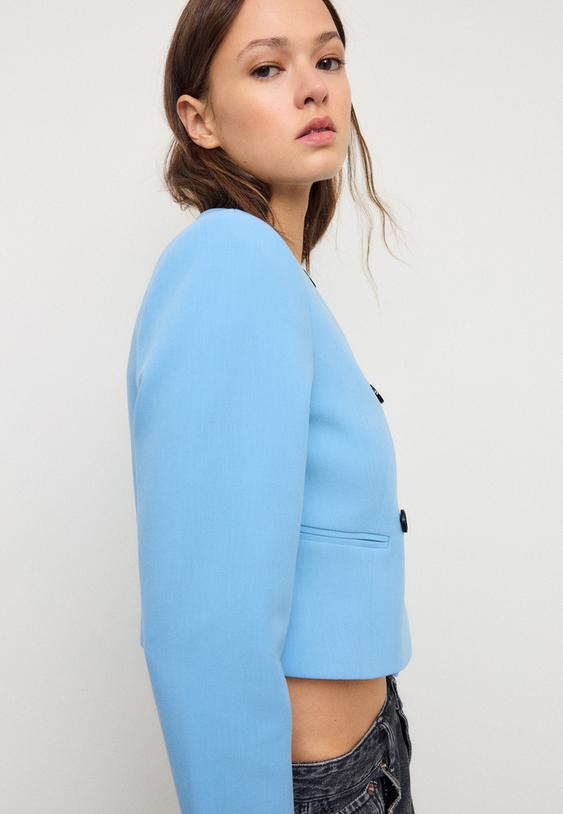 Stradivarius Cropped Round Neck Blazer Sky Blue L