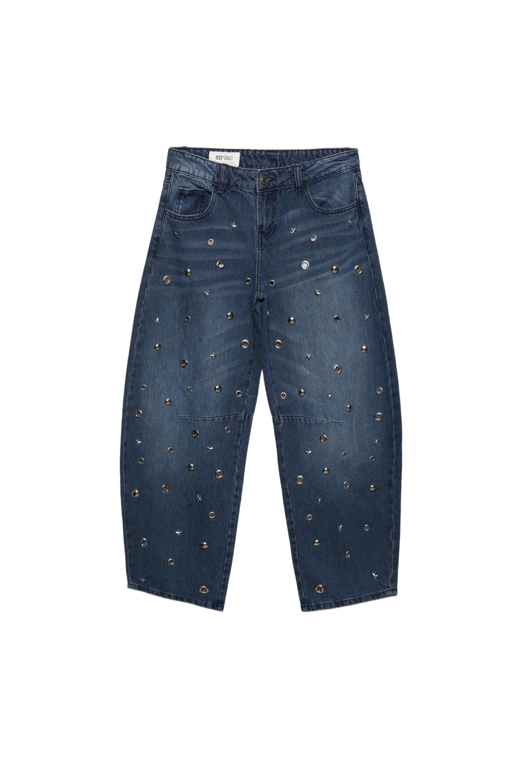 Barrel jeans with eyelets — BLACK DENIM WASHED EFFECT