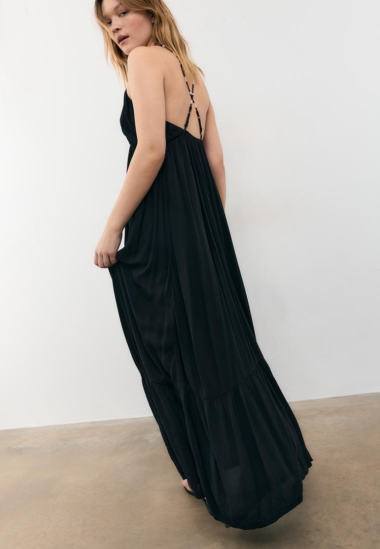 Stradivarius Μακρύ Φόρεμα Με Τιράντες Και Χάντρες Μαύρο L