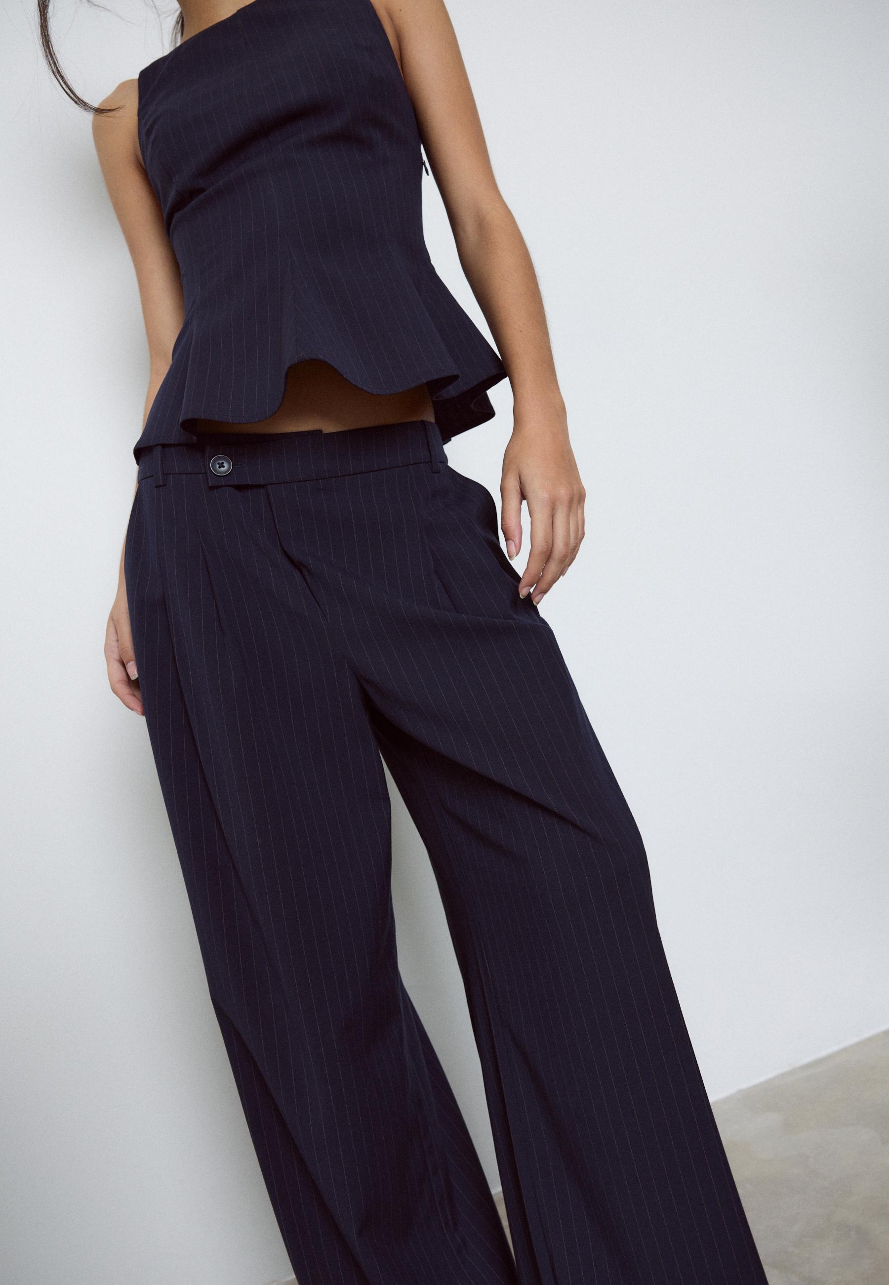 Casual striped smart trousers with crossover waist — Navy blue