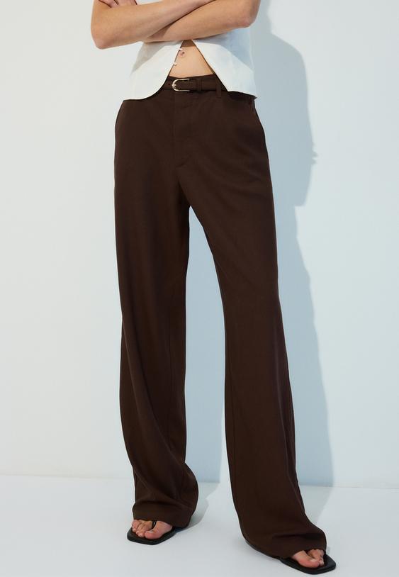 Stradivarius Linen-Effect Straight-Leg Trousers With Belt Brown 14
