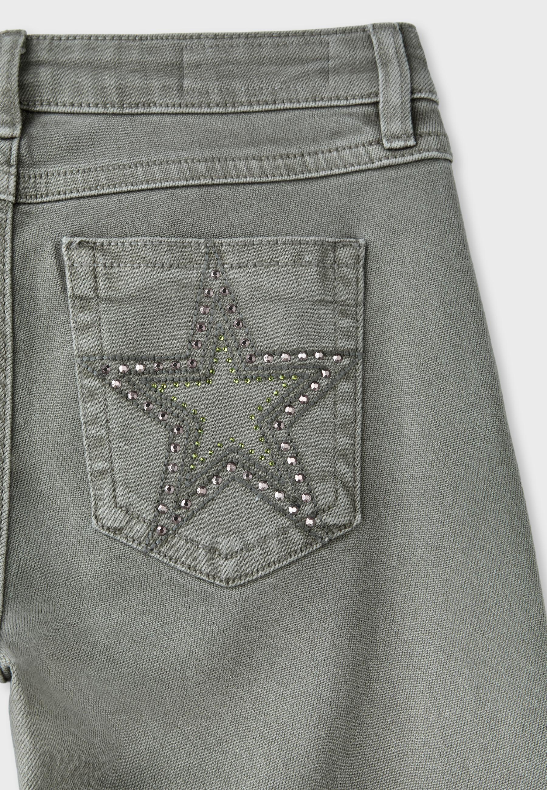Embroidered pocket bell bottom jeans — Khaki