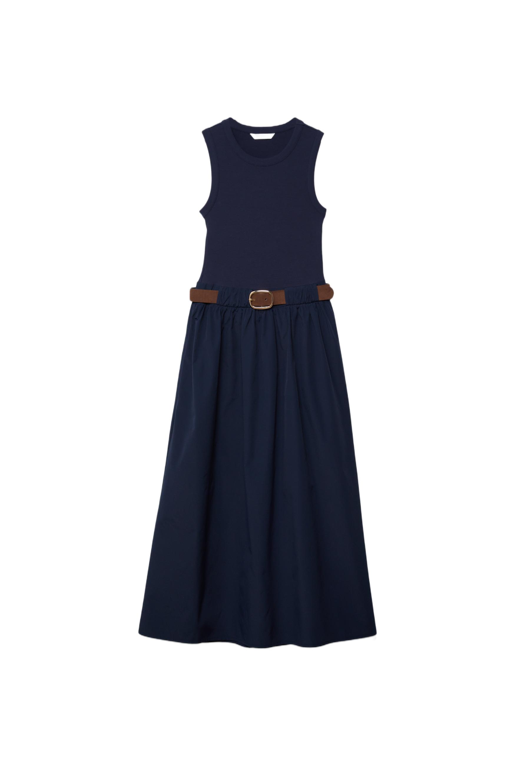 Two-material sleeveless midi dress with belt — Dark blue