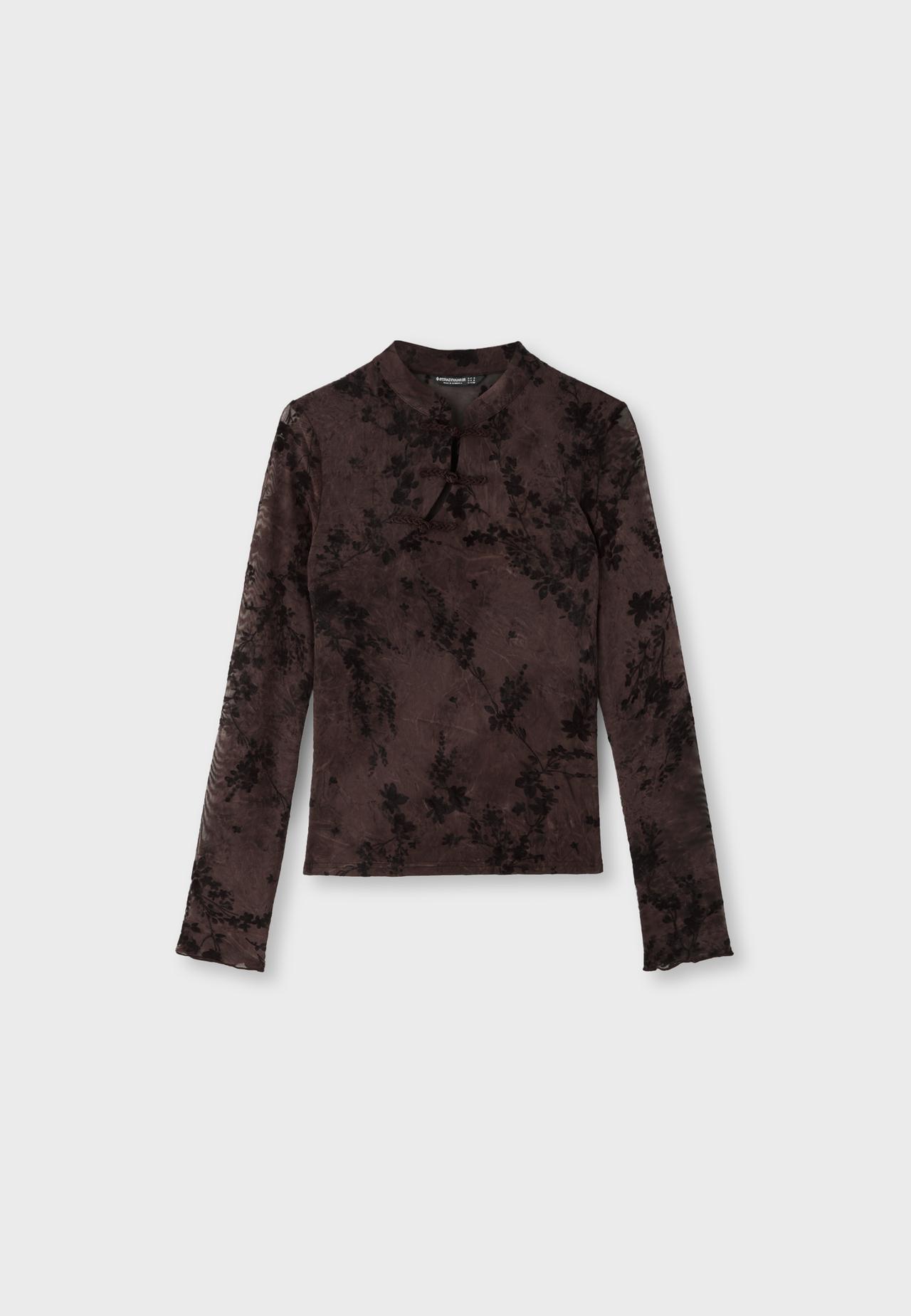 Flocked long sleeve T-shirt with toggles — Brown
