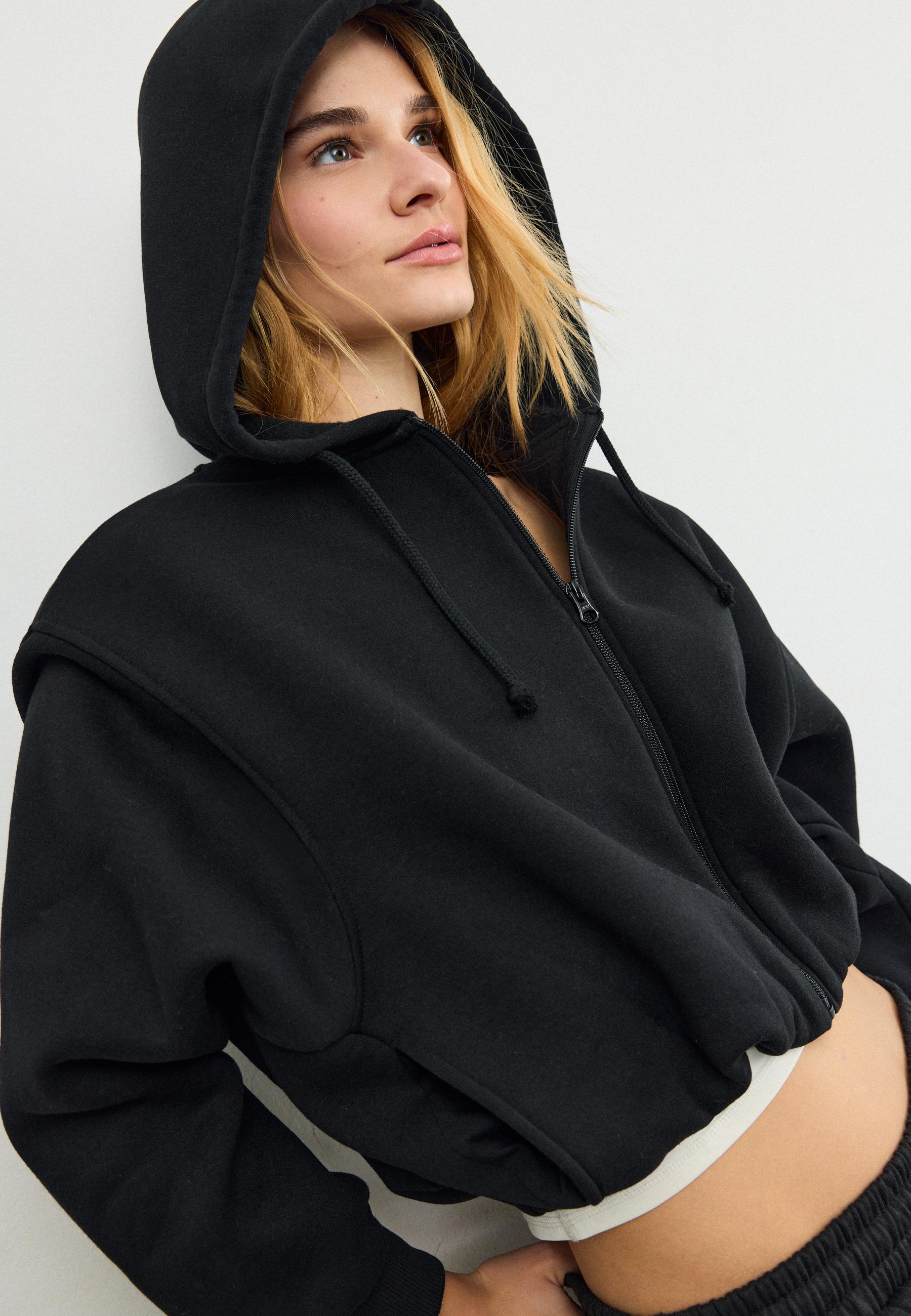 Printed Hooded Bomber Sweatshirt — Black