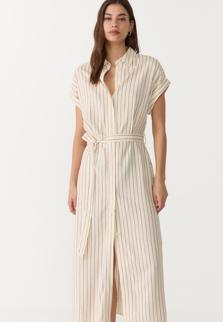 vestido midi camisero con lino rayas