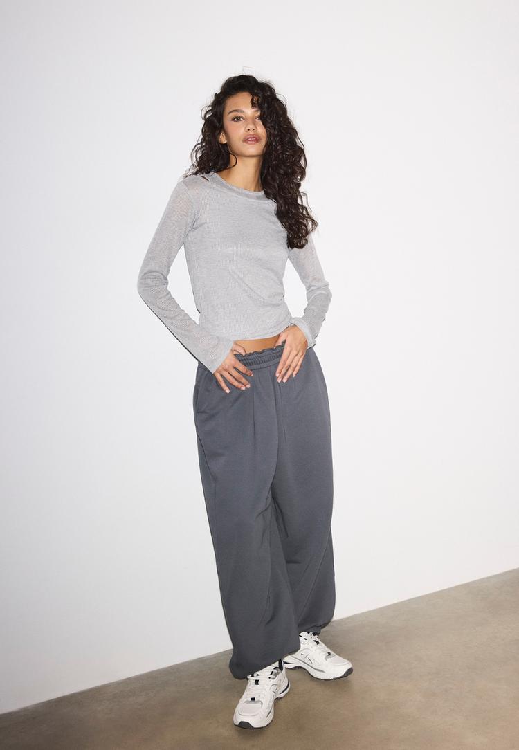 Stradivarius Μπλούζα Διπλό Layer Γκρι Μελανζέ Xs