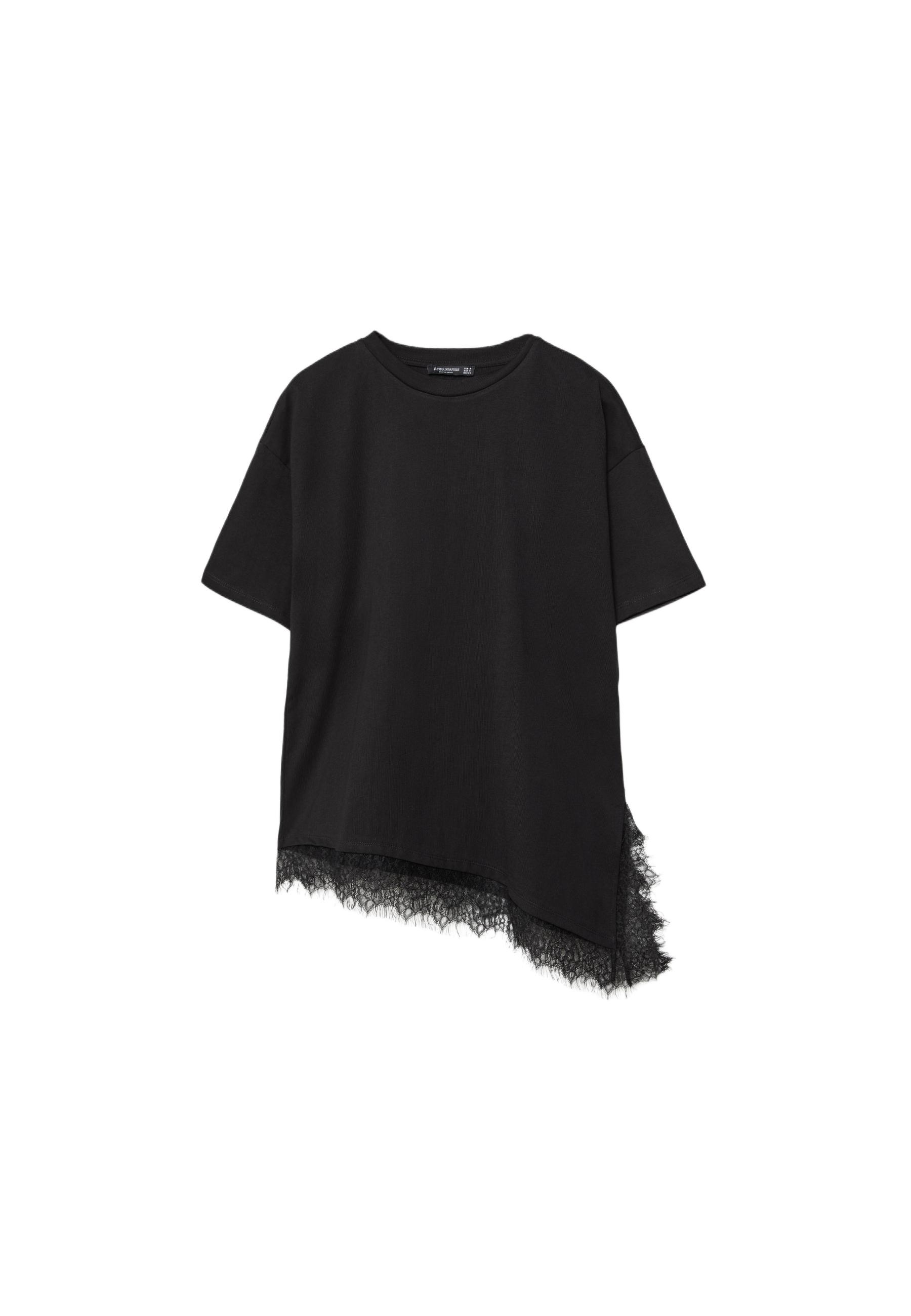 Short sleeve T-shirt with lace hem — Black
