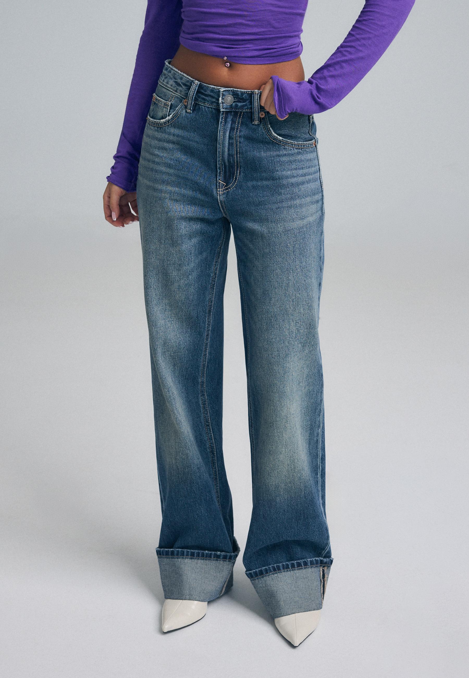Stradivarius D92 Τζιν Παντελόνι Straight Wide Με Σκισίματα Μπλε Overdye 42