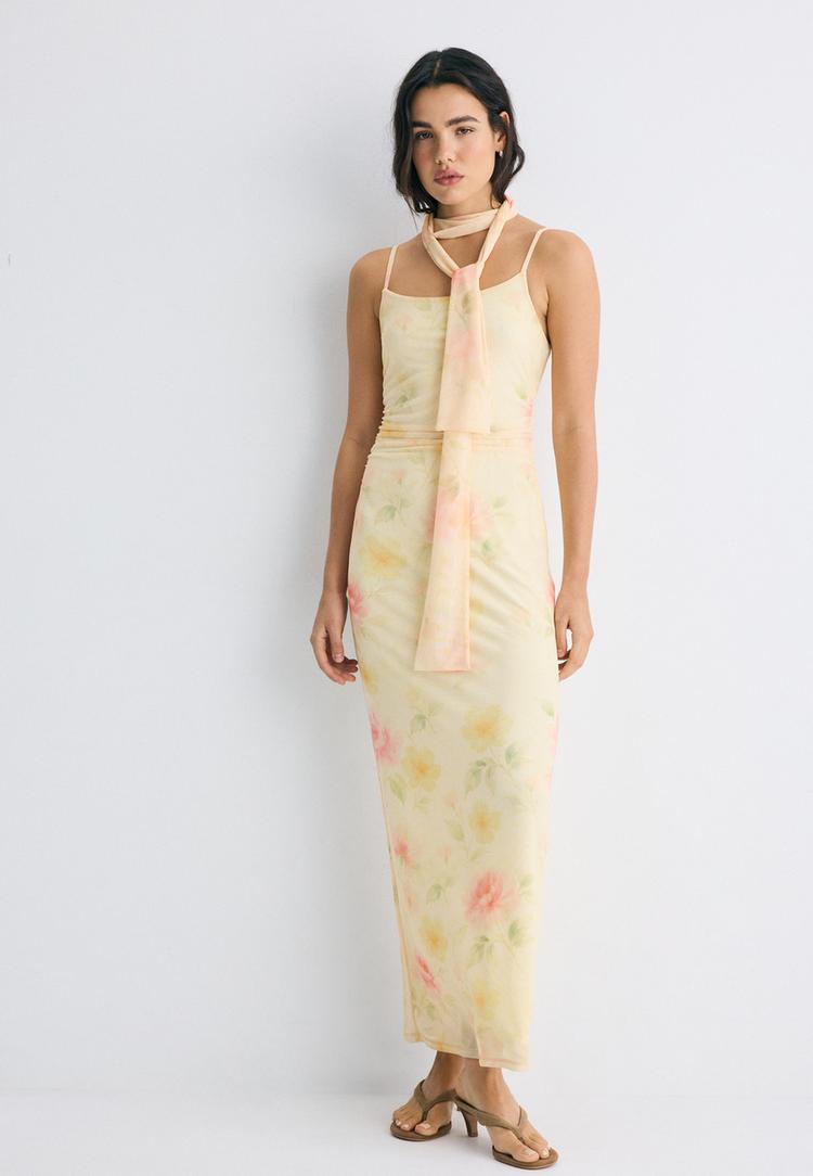 vestido estampado midi tul panuelo