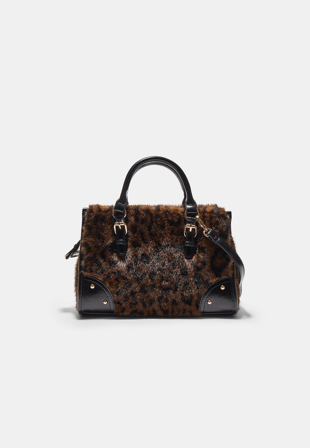 Sac cabas bandoulière fausse fourrure léopard