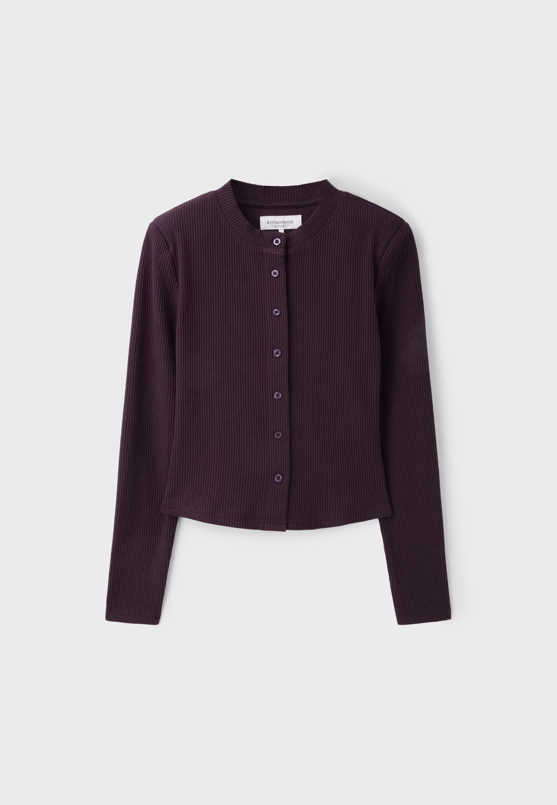 Knit cardigan with shoulder pads — AUBERGINE