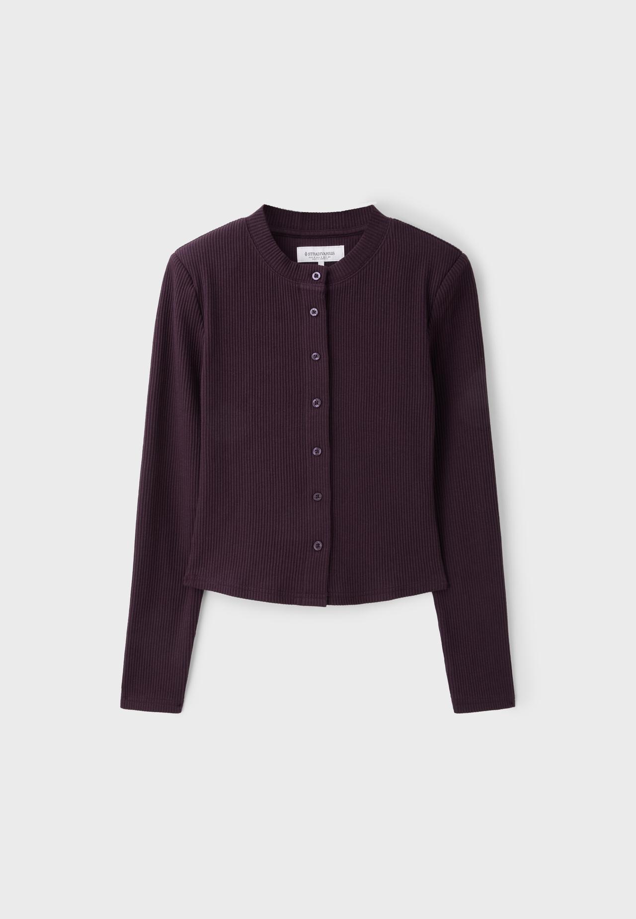 Knit cardigan with padded shoulders — AUBERGINE