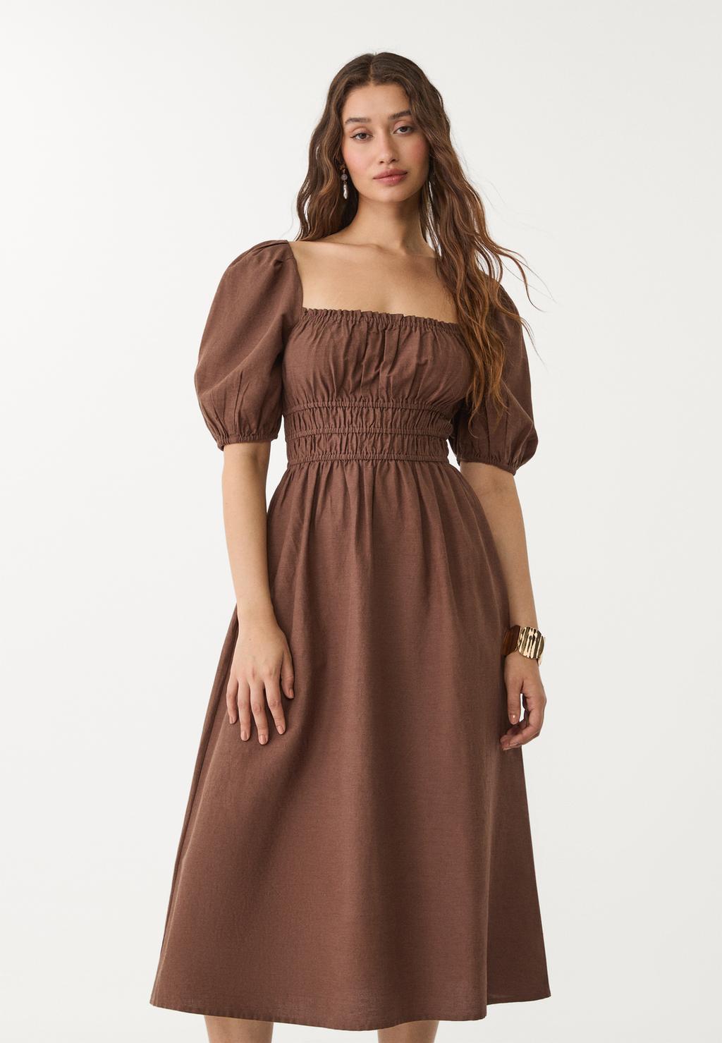 Linen blend puff sleeve midi dress