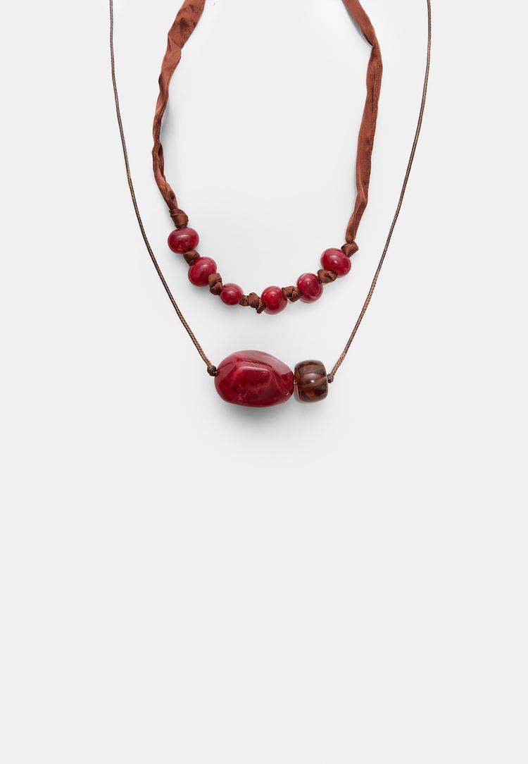 Stradivarius Súprava 2 Korálikových Povrázkových Náhrdelníkov Burgundy Os