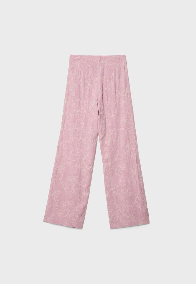 Keten karışımlı işlemeli straight fit pantolon_1