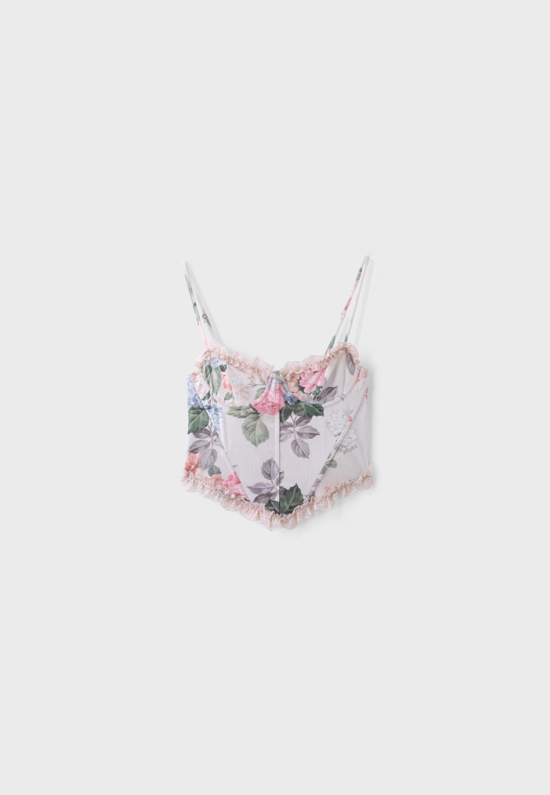 Fitted floral print cropped top — Stone