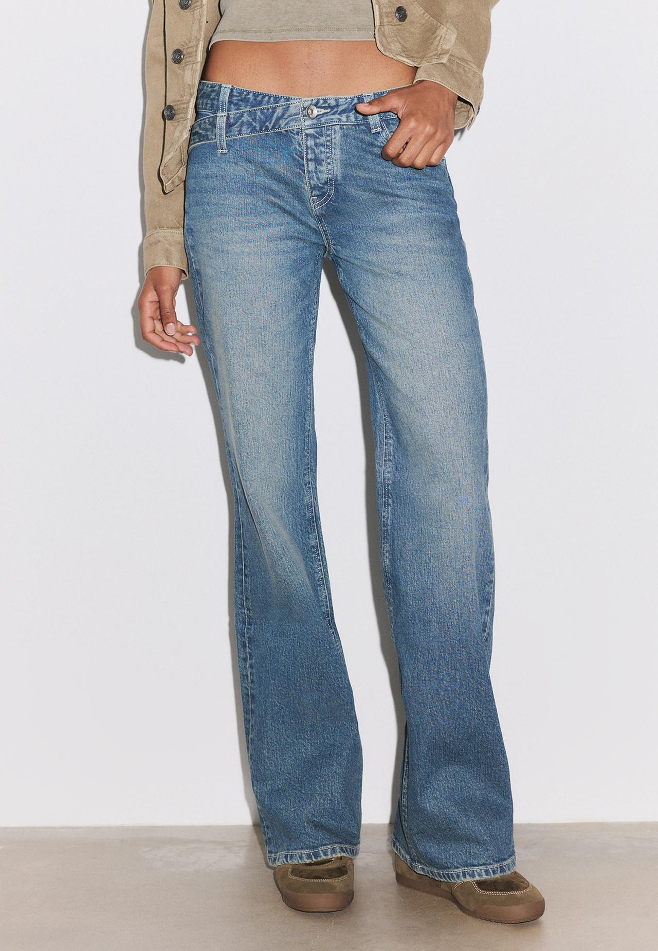 Bell bottom jeans with crossover waist — MEDIUM BLUE DENIM