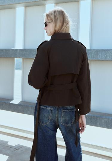Short high neck trench coat with belt — Brown 5