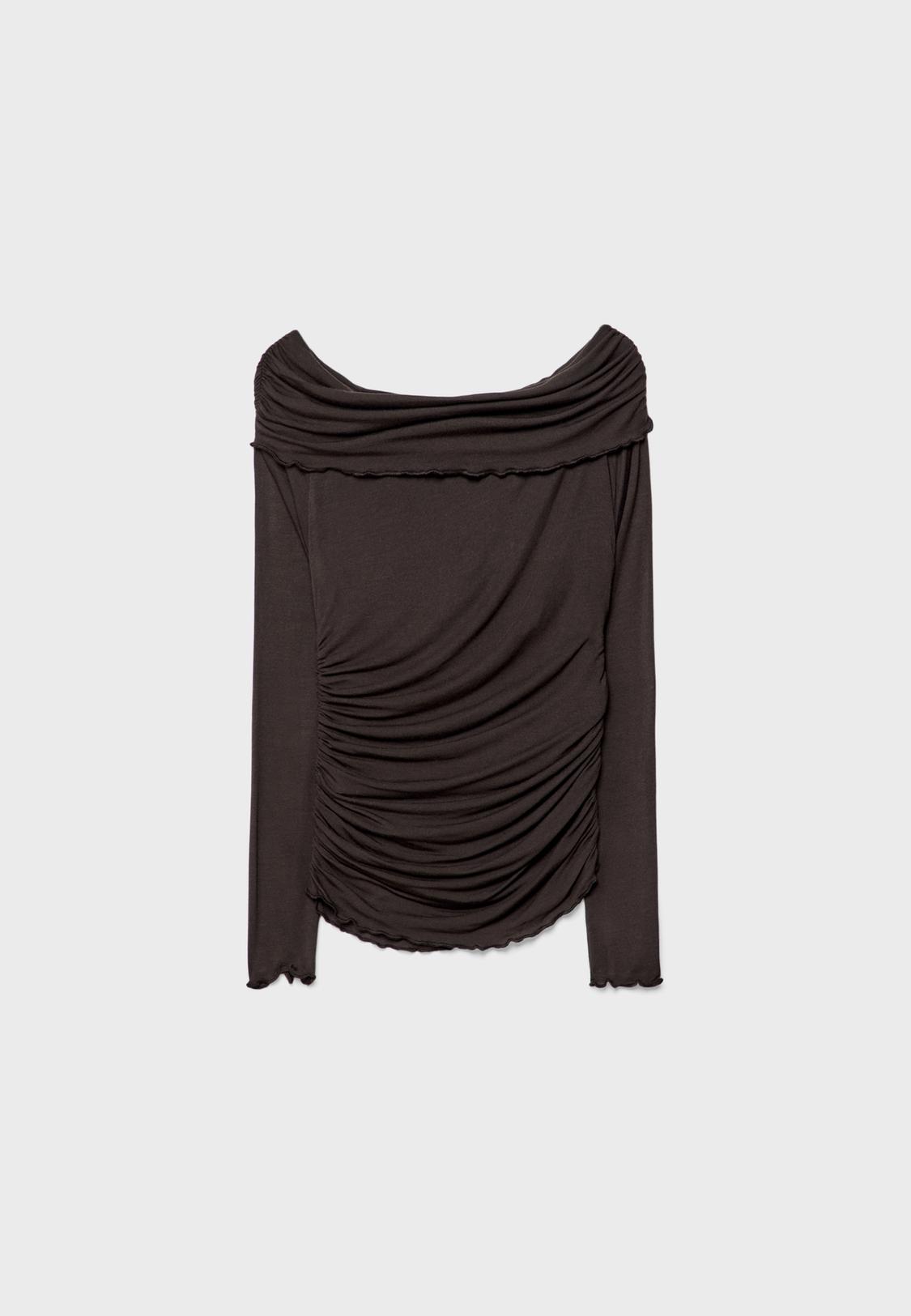 Hombros Descubiertos Stradivarius Jersey Morado Camiseta Frunces