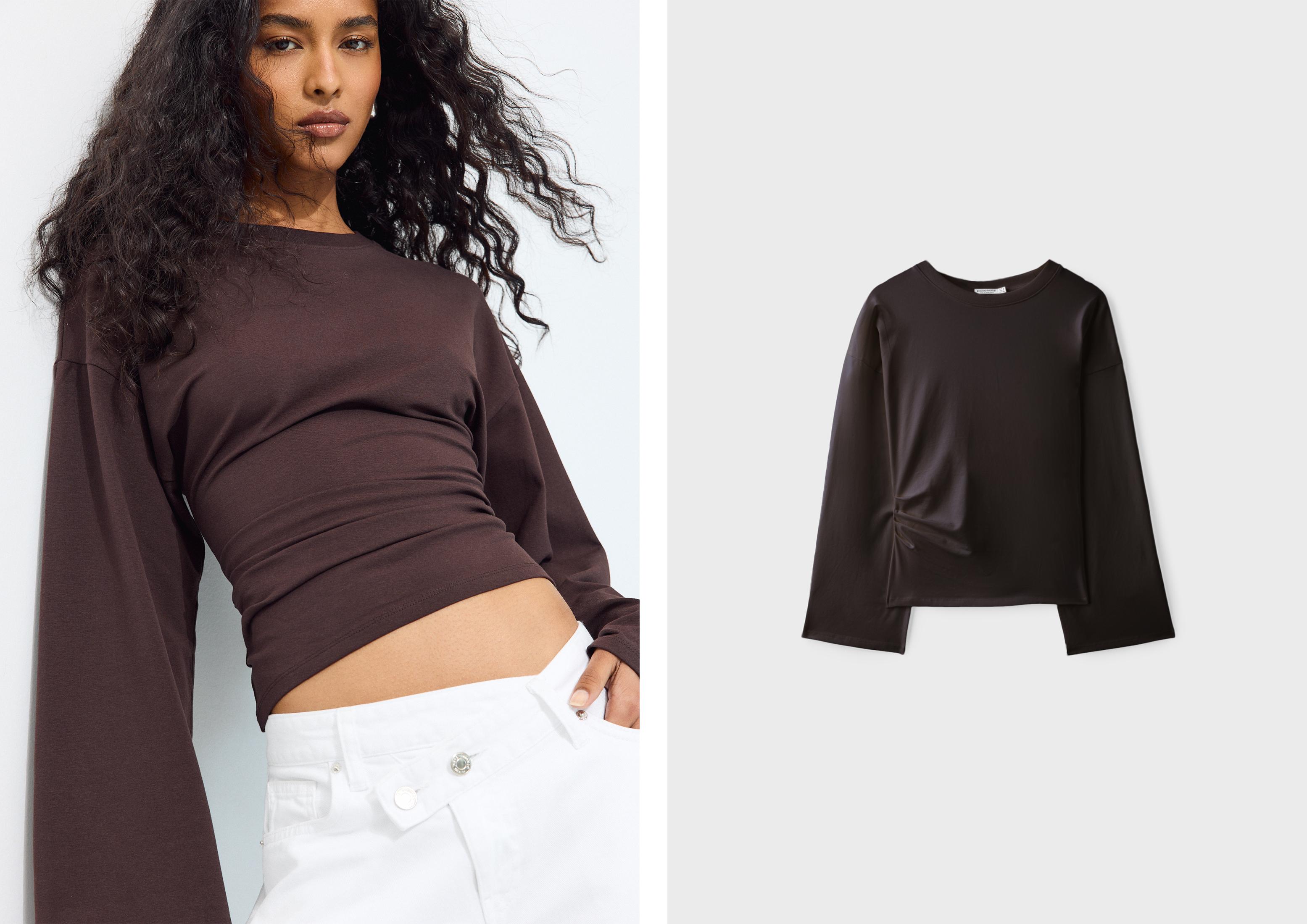 B11 Japanese-inspired long sleeve fitted waist T-shirt — Brown