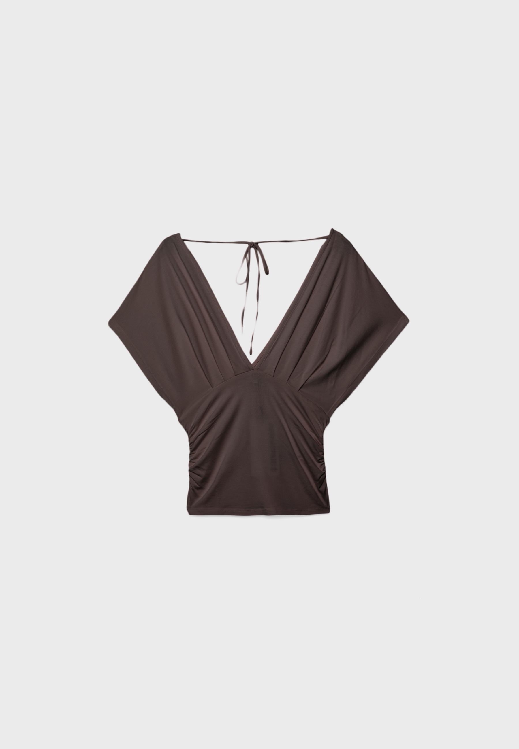 V-neck top with sash — Brown