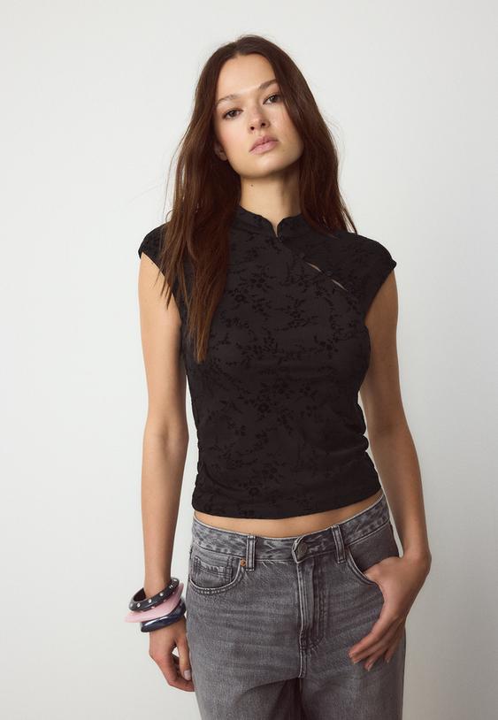 Stradivarius Flocked Qipao Style T-Shirt Black M