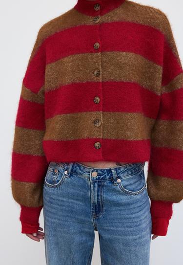 Striped funnel neck knit cardigan — Beige 6
