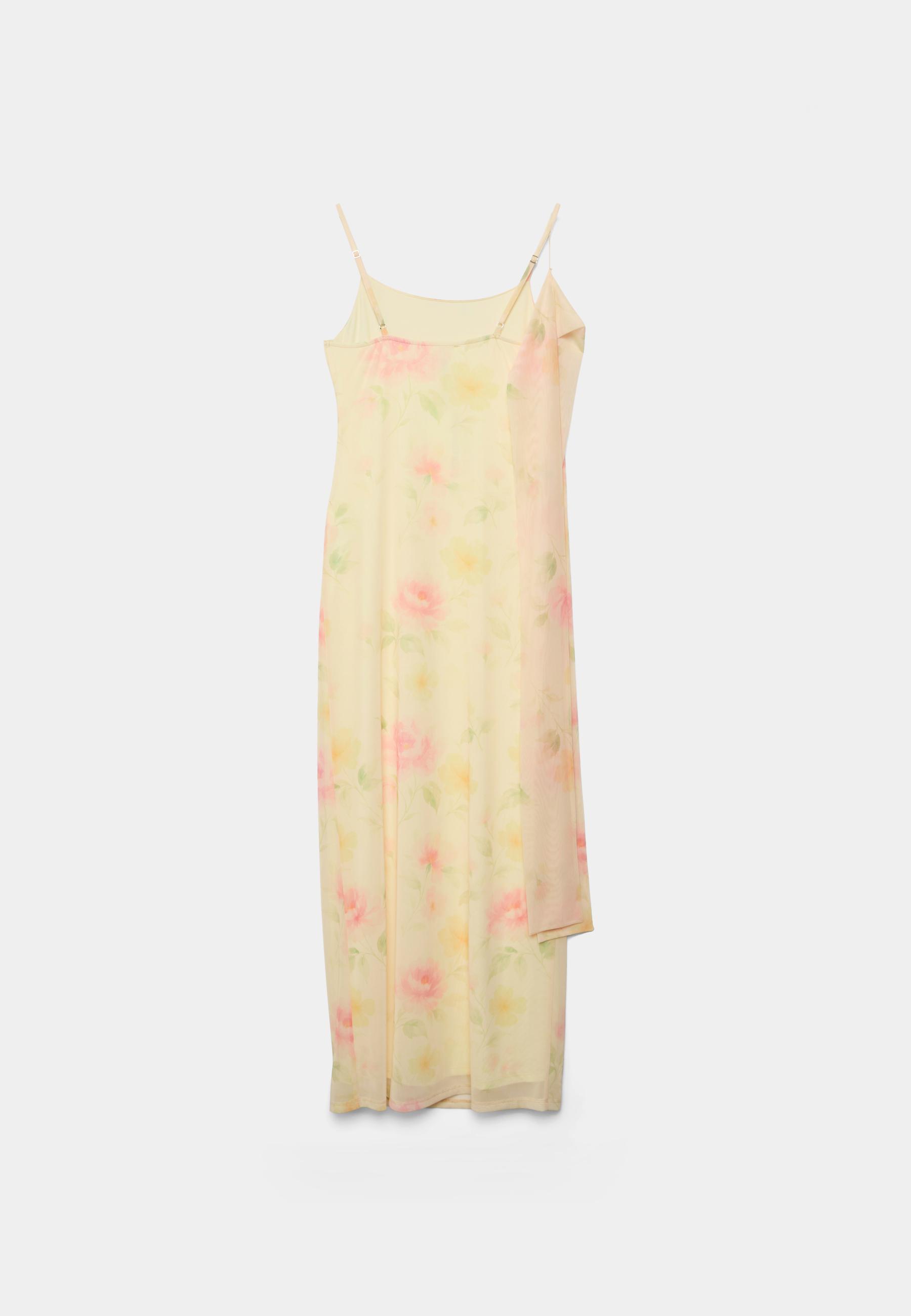 Printed tulle midi dress with scarf — Gold