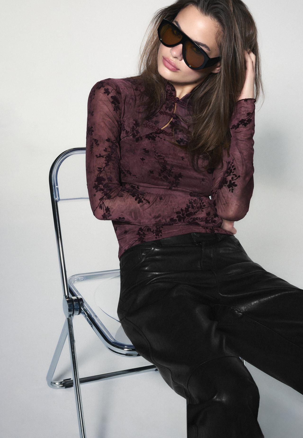 Flocked long sleeve T-shirt with toggles — Purple