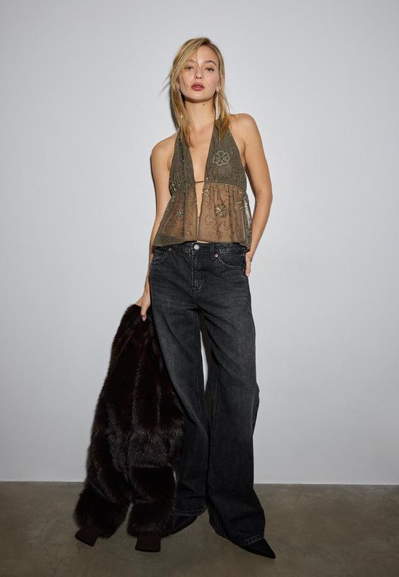 embroidered halter top with rhinestones