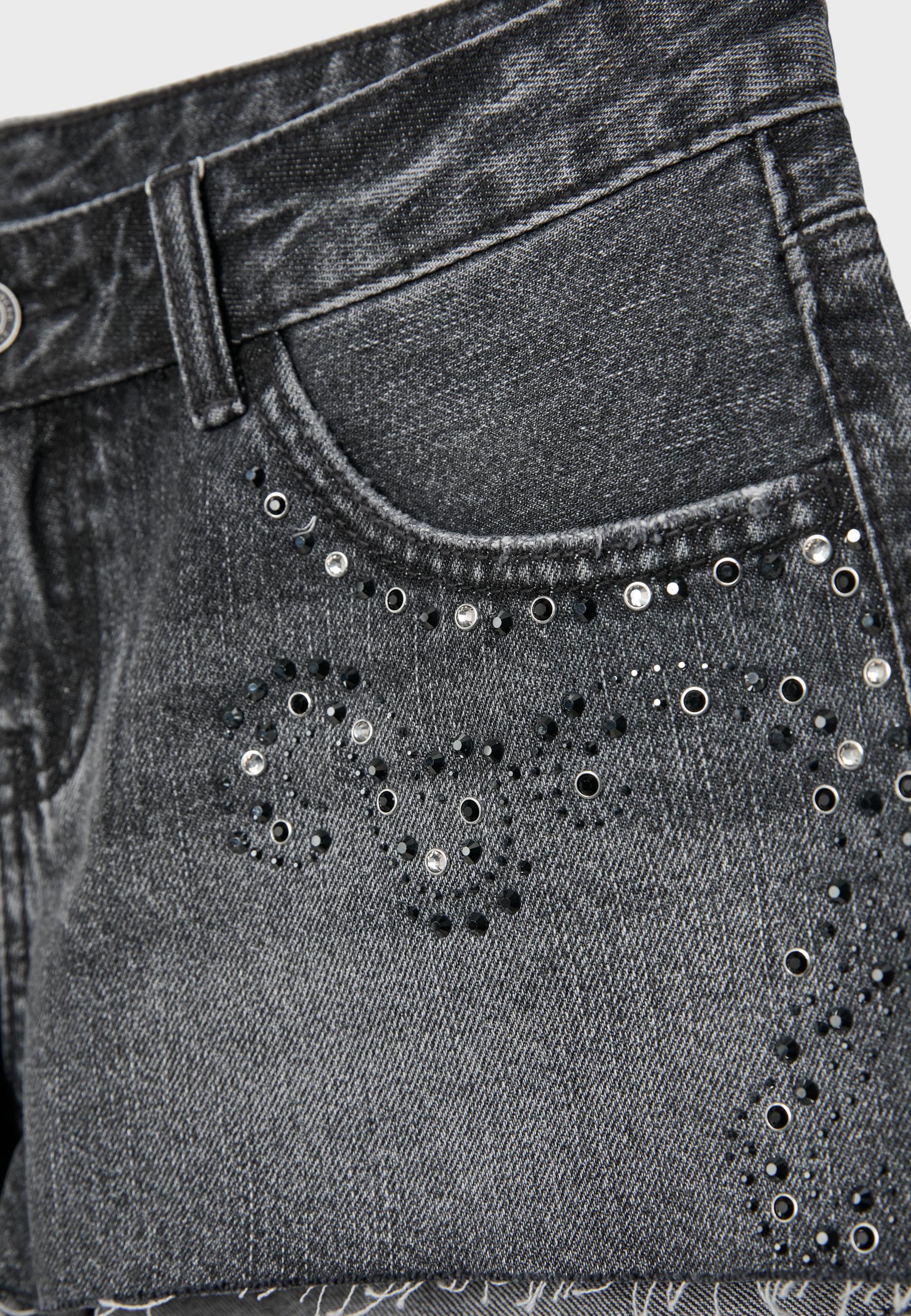 Denim shorts with rhinestones — LIGHT GREY DENIM WASH