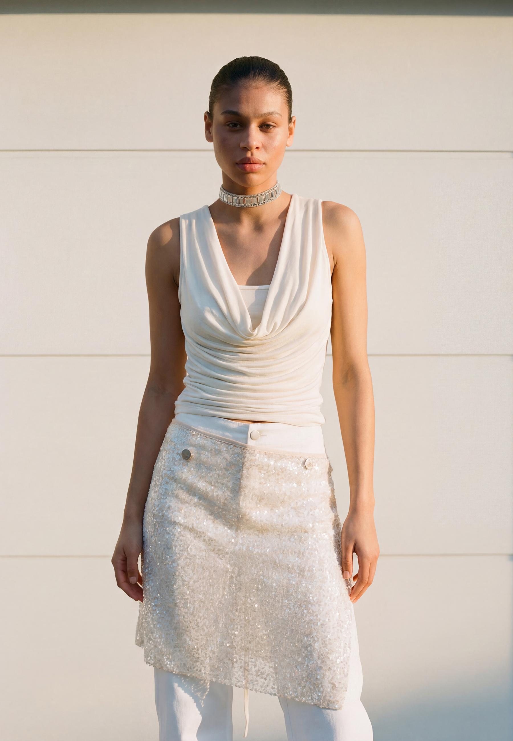 Double-layer draped neck top — Vanilla