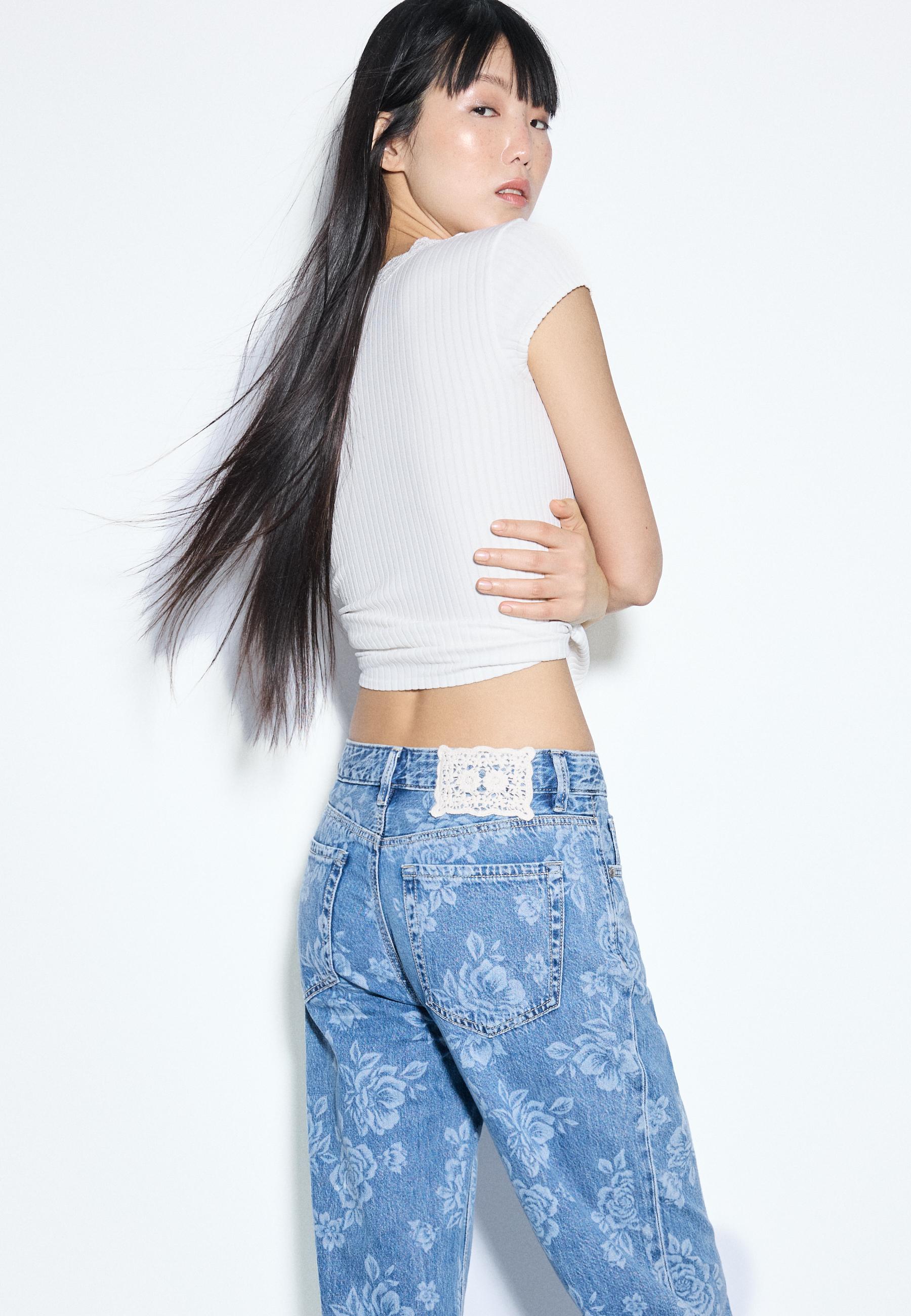 Straight-leg jeans with laser floral print — MEDIUM BLUE DENIM