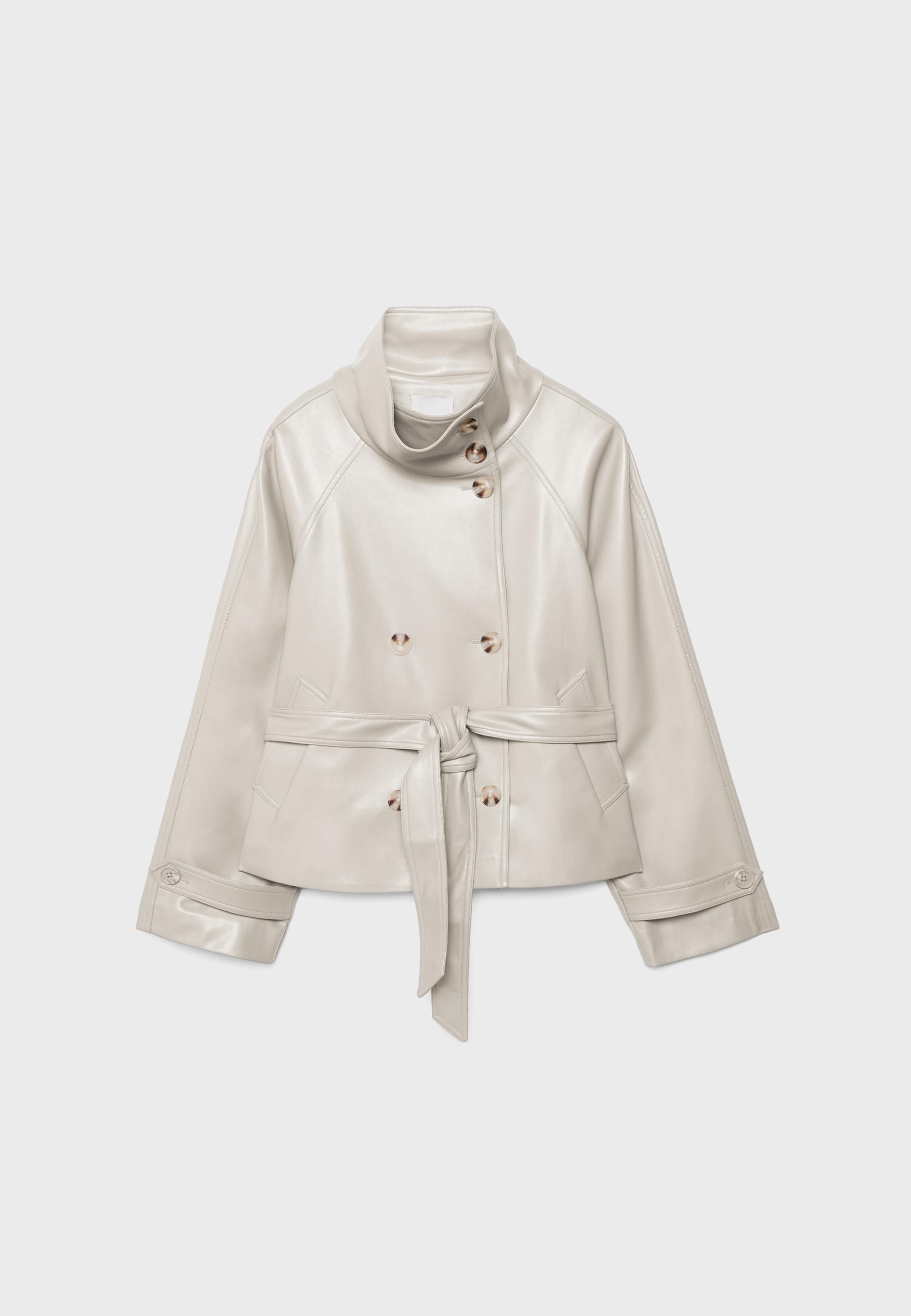 High neck leather effect trench coat — Ecru