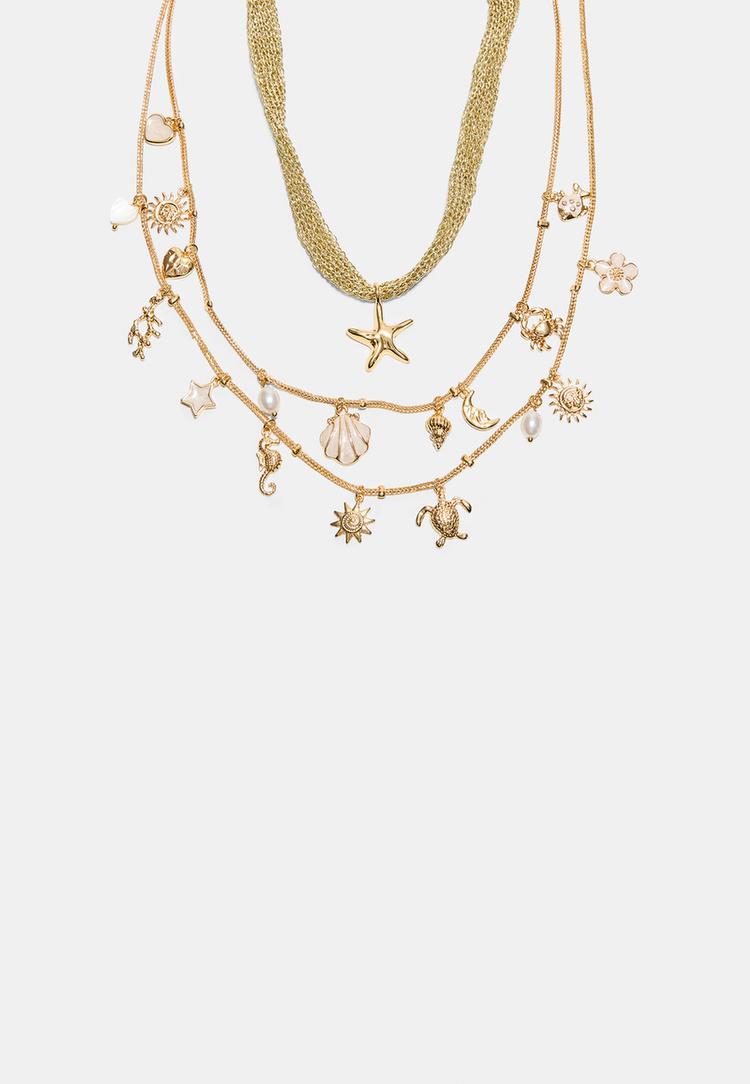 Stradivarius Σετ 2 Κολιέ Με Θαλασσινά Charms Χρυσαφί Os