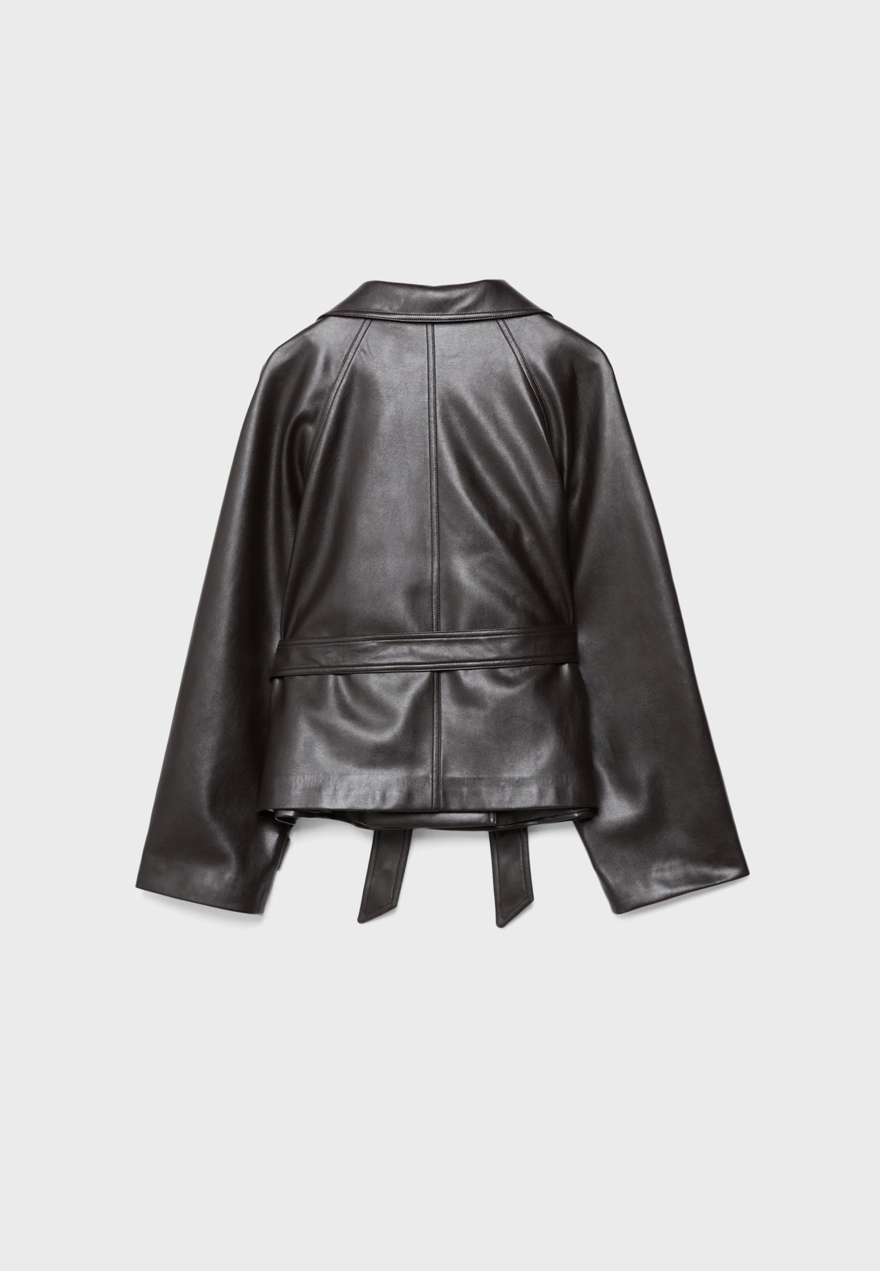 High neck leather effect trench coat — Brown