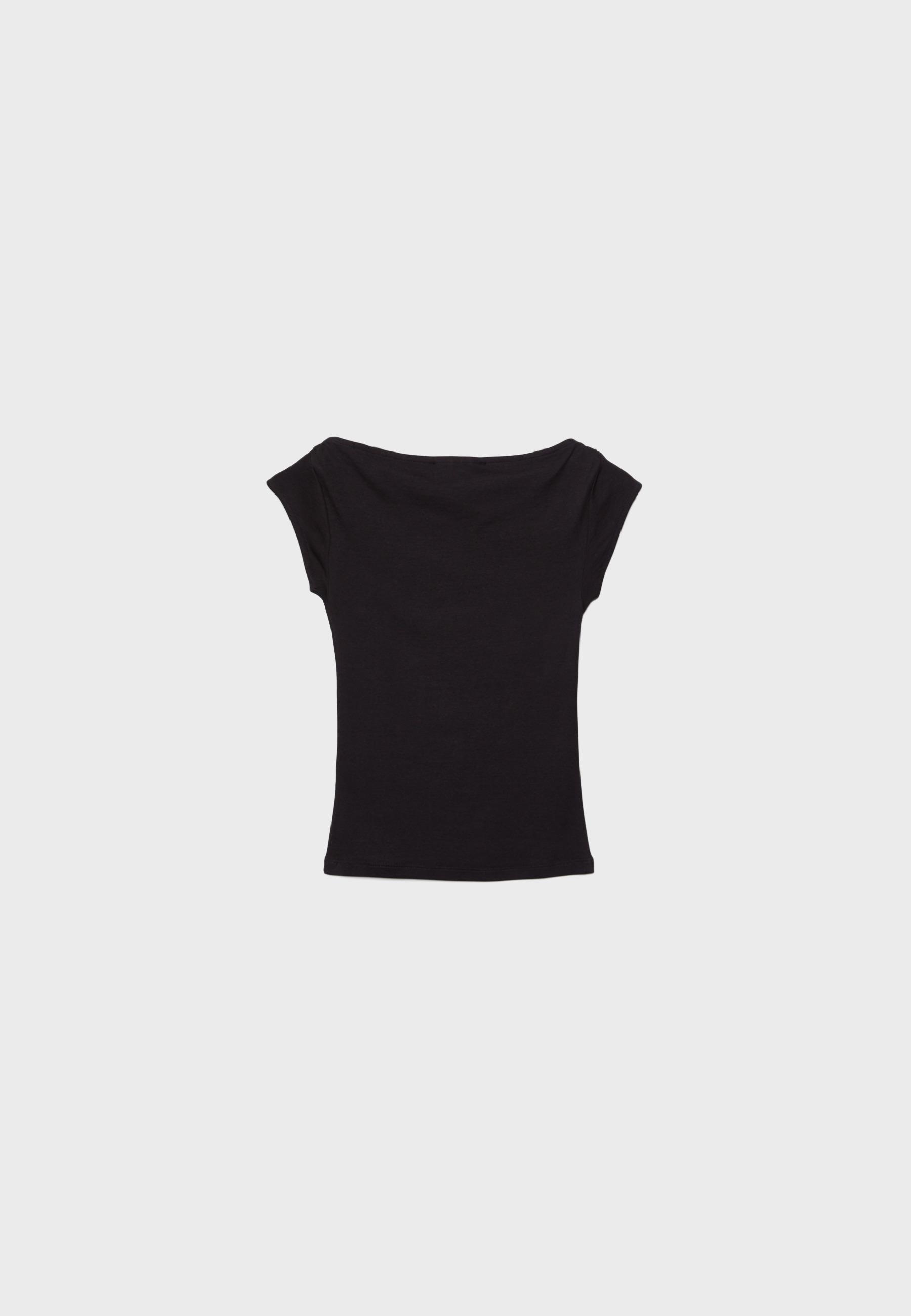 Boat neck short sleeve T-shirt with rhinestones One Dilemma — Black
