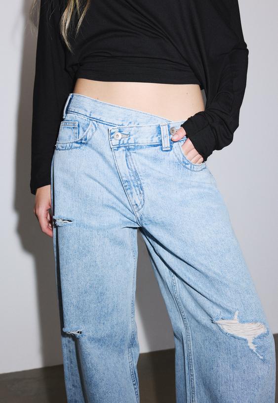 Stradivarius Wide-Leg Crossover Waist Jeans Medium Light Blue Denim 14