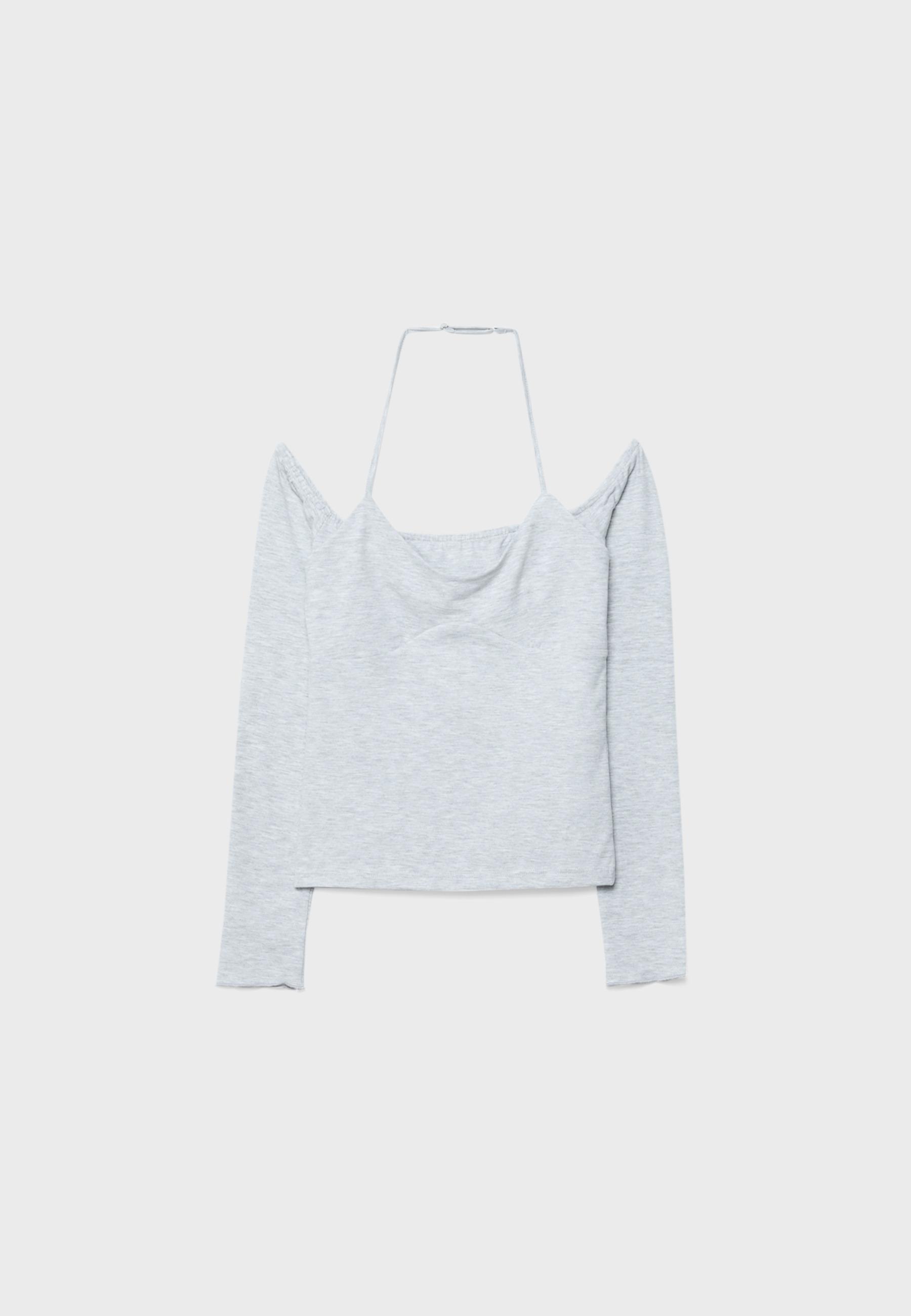 Long sleeve halter neck T-shirt — Grey melange
