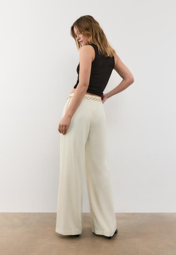 Stradivarius Satin Trousers With Chain Detail Ecru 6