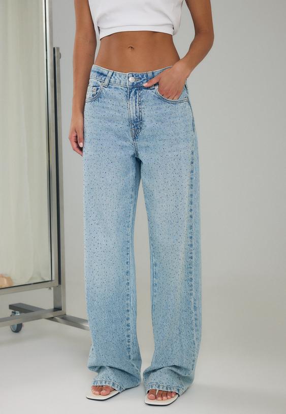 Stradivarius Rhinestone Straight-Leg Jeans Medium Blue Denim 12