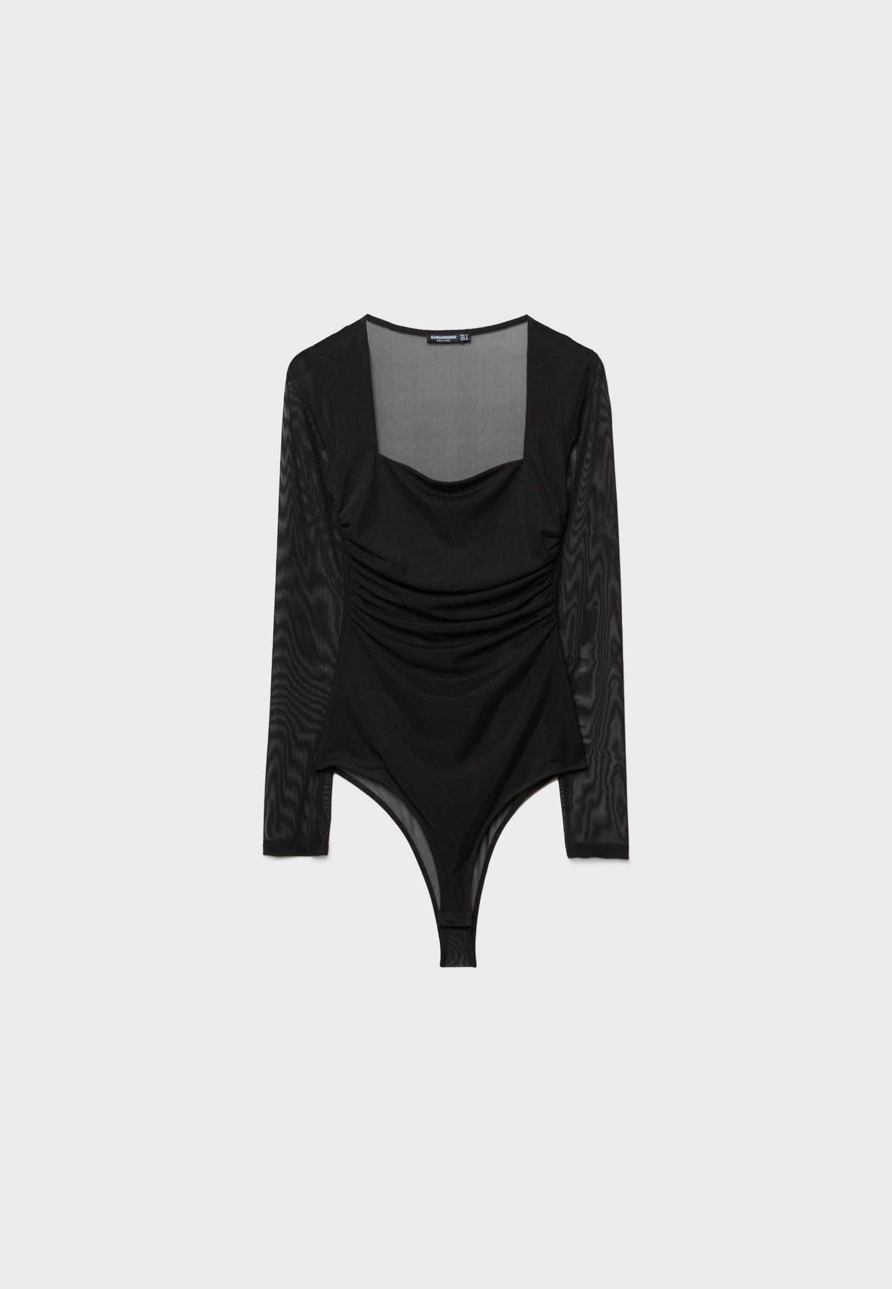 Tulle bodysuit with square neckline — Black